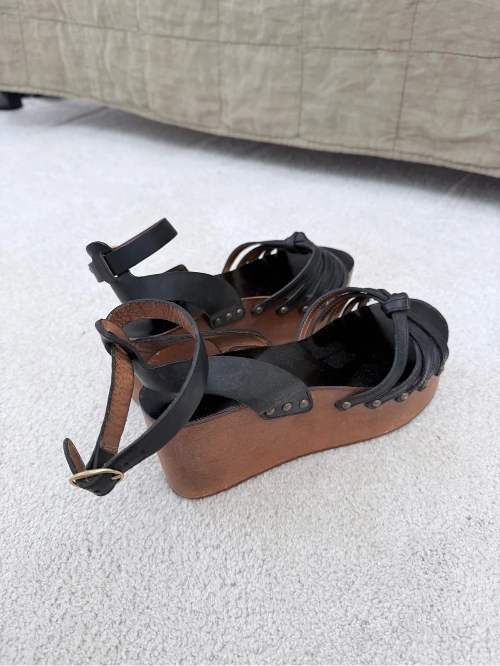 Black Leather Knotted Strap Wedge Sandals